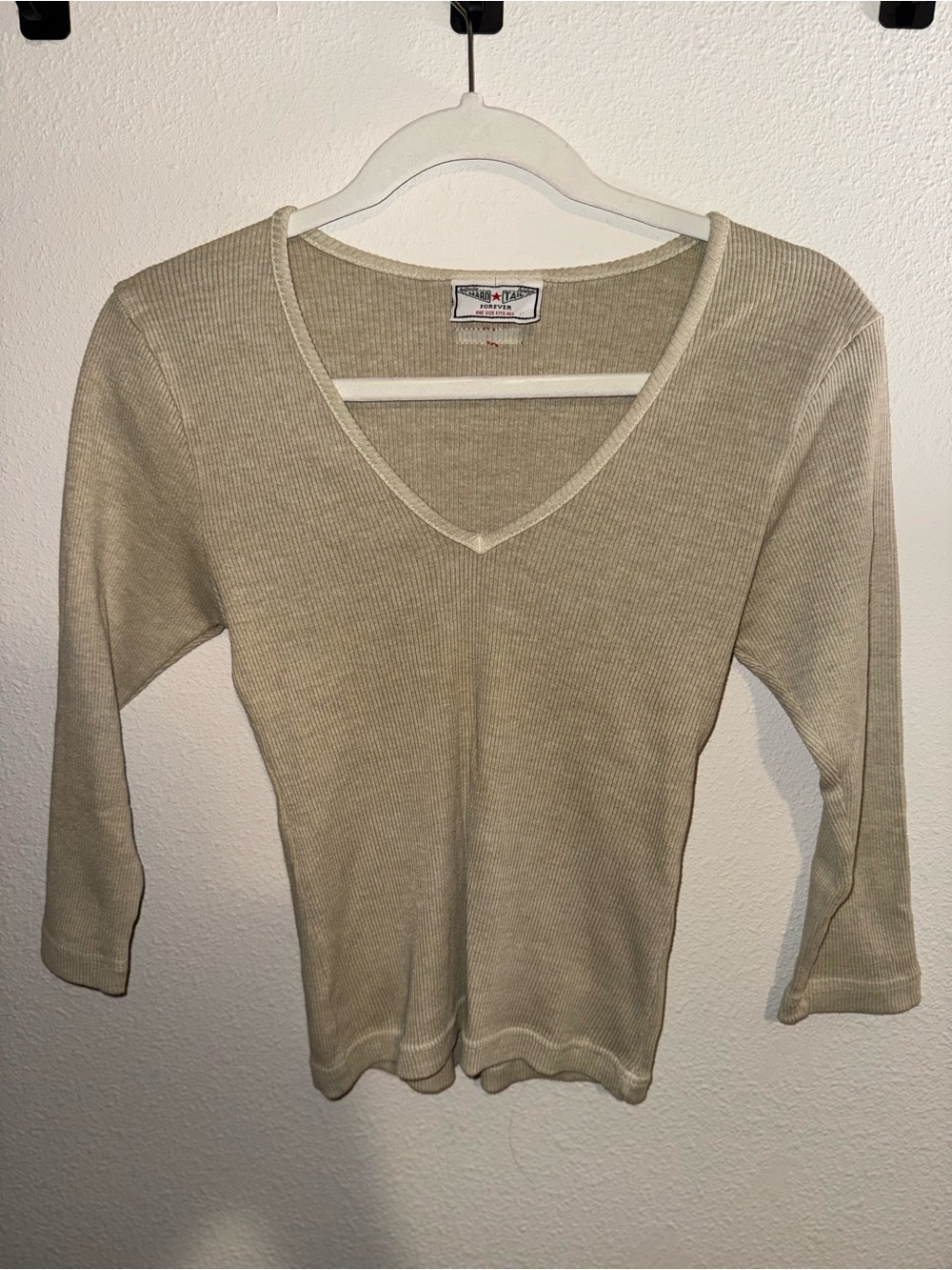 Hard Tail Ribbed V-Neck Long Sleeve Top in Beige